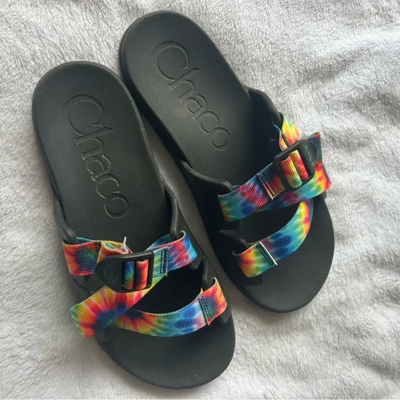 Chaco Black Sandals with Multicolor Straps Chaco Sandals Womens 7 Black With Colorful Tie Dye Straps  main image 3